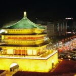 Legacy 5 A stunning night view of the illuminated Bell Tower in Xi'an, showcasing vibrant urban life.